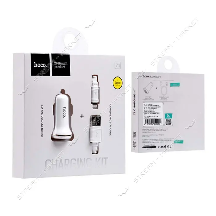 Автомобильное зарядное устройство Hoco Z1 5V/2.1А 2 USB plus Lightning кабель белое