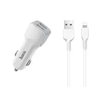 Автомобільний зарядний пристрій Hoco Z23 5V / 2.4а 2 USB plus Lightning кабель білий                