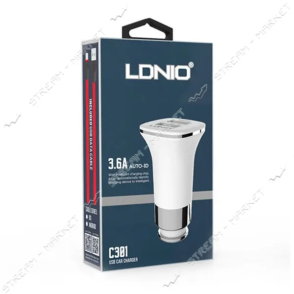 Автомобильное зарядное устройство Ldnio C301 5V/3.4А 2 USB plus Lightning кабель белое