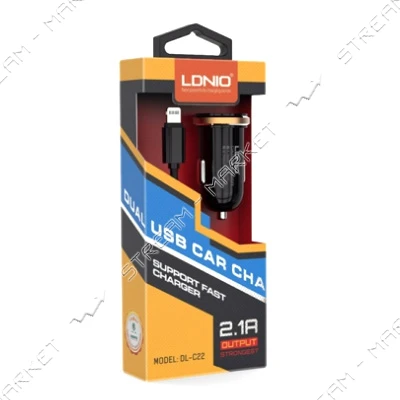 Автомобильное зарядное устройство Ldnio DL-C22 5V/2.1А 2 USB plus Lightning кабель черное