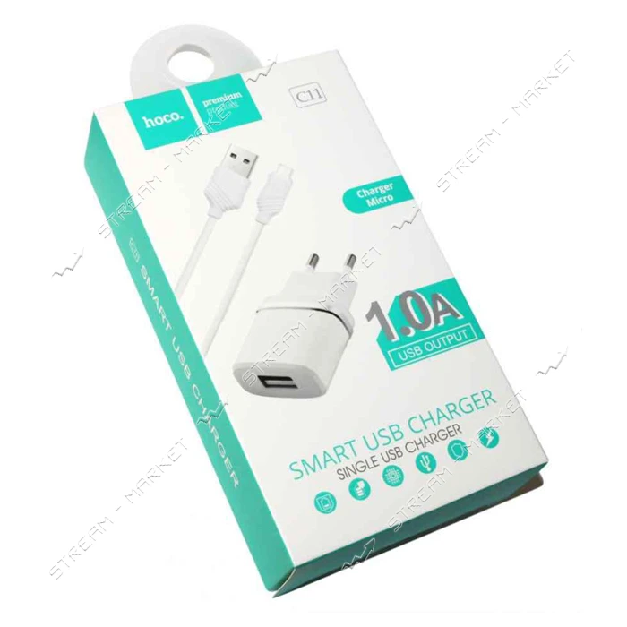 Сетевое зарядное устройство Hoco C11 1A 1USB плюс кабель Micro USB белое