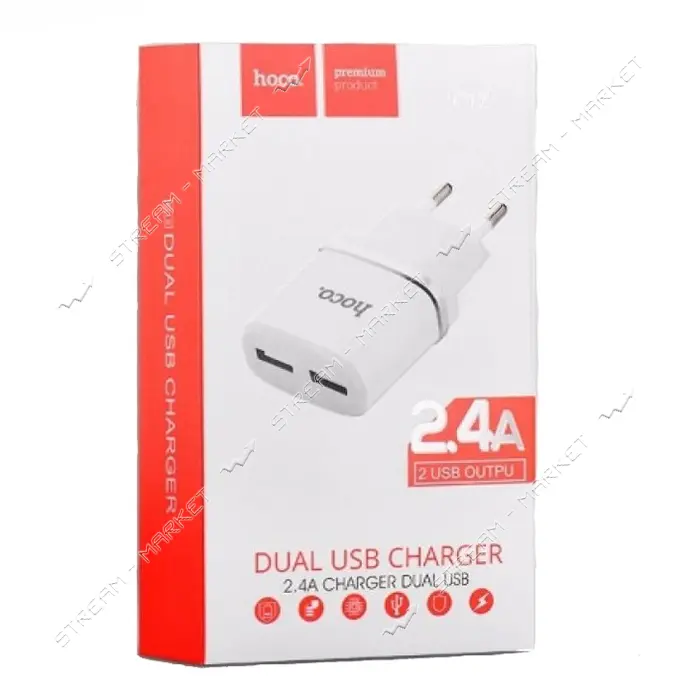 Сетевое зарядное устройство Hoco C12 2.4A 2USB белое                                                