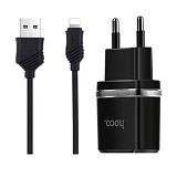 Сетевое зарядное устройство Hoco C12 2.4A 2USB плюс кабель Lightning USB черное                     