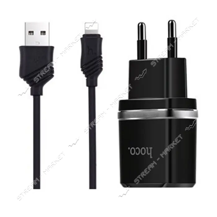 Сетевое зарядное устройство Hoco C12 2.4A 2USB плюс кабель Lightning USB черное                     