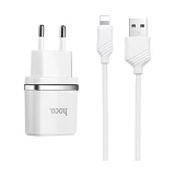 Сетевое зарядное устройство Hoco C12 2.4A 2USB плюс кабель Lightning USB белое                      