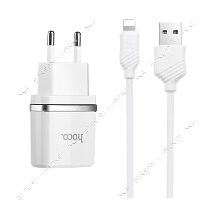 Сетевое зарядное устройство Hoco C12 2.4A 2USB плюс кабель Lightning USB белое                      