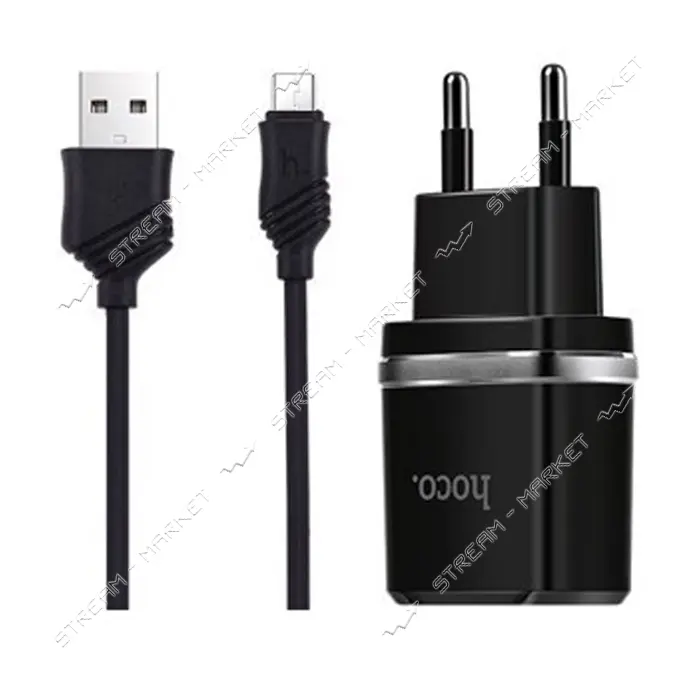 Сетевое зарядное устройство Hoco C12 2.4A 2USB плюс кабель Micro USB черное                         