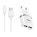 Сетевое зарядное устройство Hoco C12 2.4A 2USB плюс кабель Micro USB белое                          