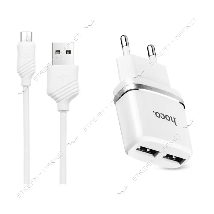 Сетевое зарядное устройство Hoco C12 2.4A 2USB плюс кабель Micro USB белое                          