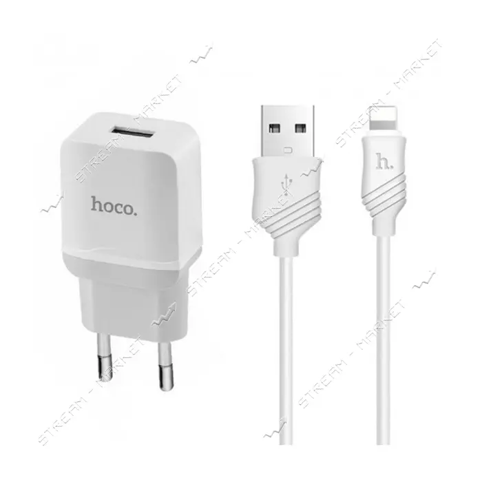 Сетевое зарядное устройство Hoco C22А 2.4A 1USB плюс кабель Lightning USB белый                     