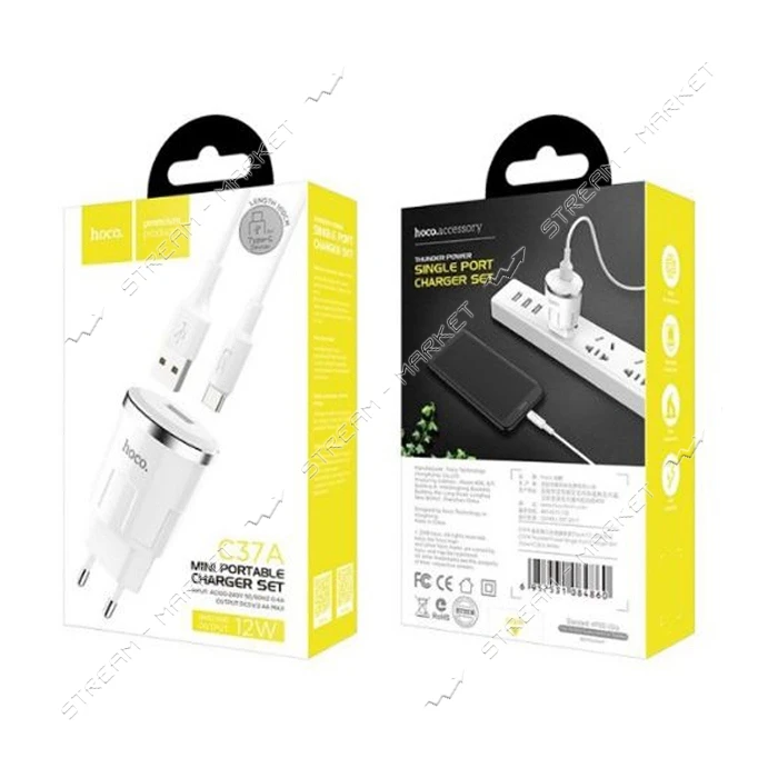 Сетевое зарядное устройство Hoco C37A Thunder 2.4A 1USB плюс кабель USB Type-C белое                