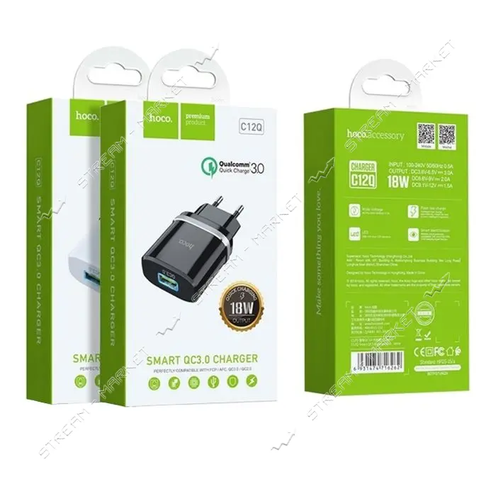Сетевое зарядное устройство Hoco C12Q Smart QC3.0 белое