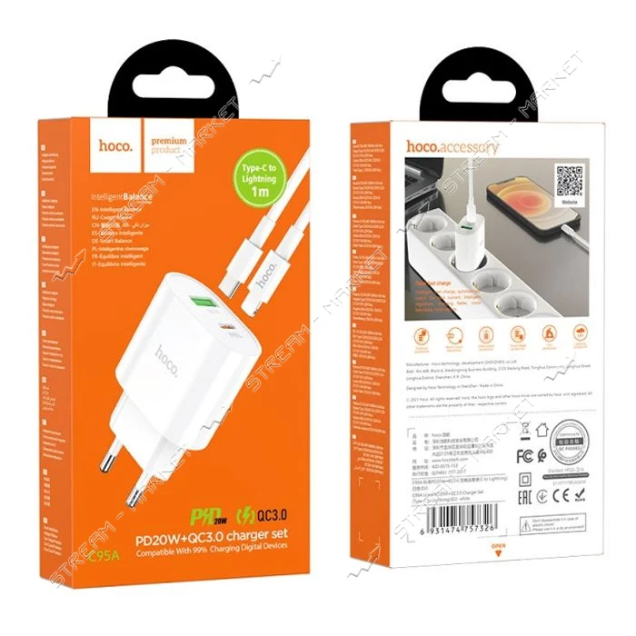 Сетевое зарядное устройство Hoco C95A Lineal PD20W плюс QC3.0 Charger Set белое                     