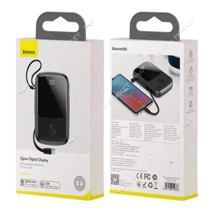 Портативное зарядное устройство Baseus Q pow Digital Display 3A Type-C Cable 10000mAh черное
