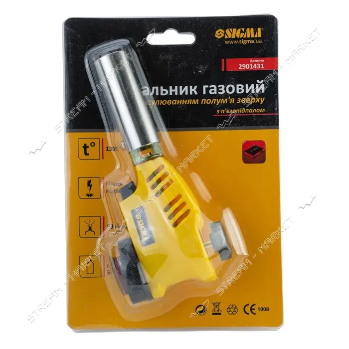 Горелка газовая Sigma 2901431 с регулировкой пламени сверху и пьезоподжигом 20мм 153мм              