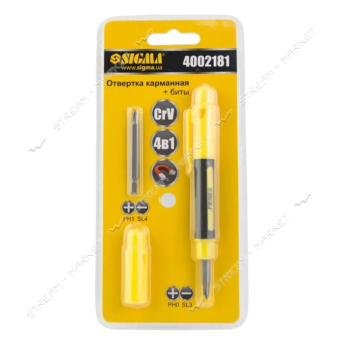Отвертка карманная с двухсторонними битами Sigma 4002181 4 в 1 CrV                                  