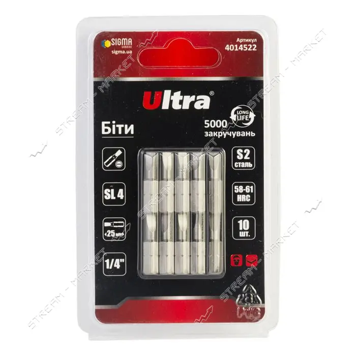 Биты Ultra 4014522 SL4 25мм 1/4" 10шт S2 блистер