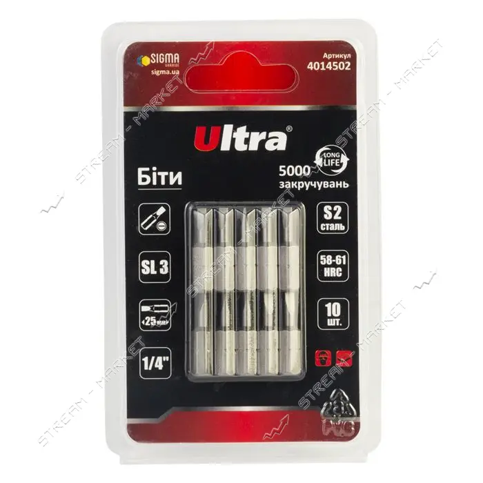 Биты Ultra 4014502 SL3 25мм 1/4" 10шт S2 блистер                                                    