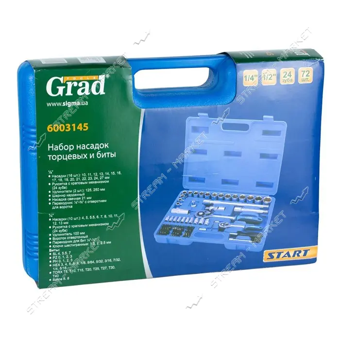Набор насадок торцевых и биты Grad 6003145 1/4" 1/2" 72шт Start