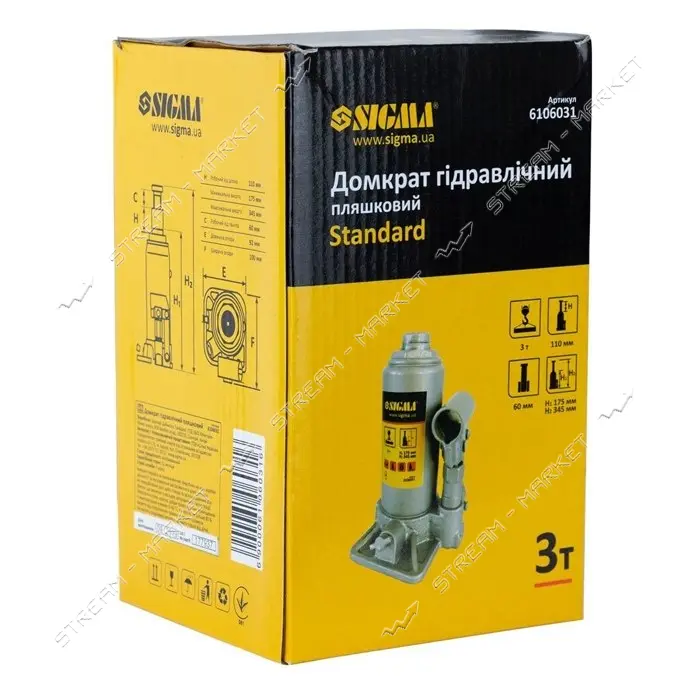 Домкрат Sigma Standart 6106031 гидравлический бутылочный 3т 175-345мм