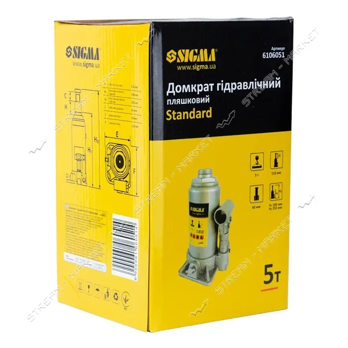 Домкрат Sigma Standart 6106051 гидравлический бутылочный 5т 185-355мм                               