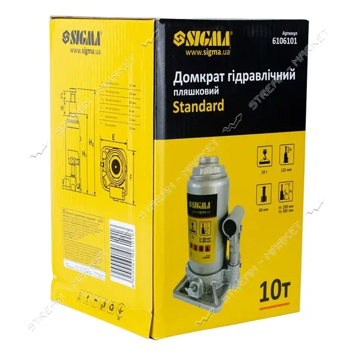 Домкрат Sigma Standart 6106101 гидравлический бутылочный 10т 200-385мм                              