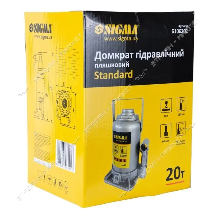 Домкрат Sigma Standart 6106201 гидравлический бутылочный 20т 235-445мм