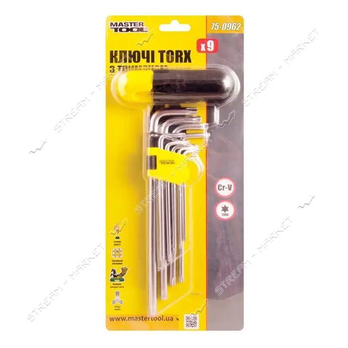 Ключи шестигранные Mastertool 75-0962 Torx CrV длинные с держателем T10-T50 L90-227мм 9шт           