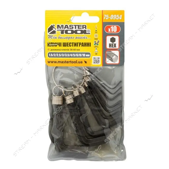 Ключи шестигранные Mastertool 75-0954 CrV 1.5-10мм L38-60мм 10шт