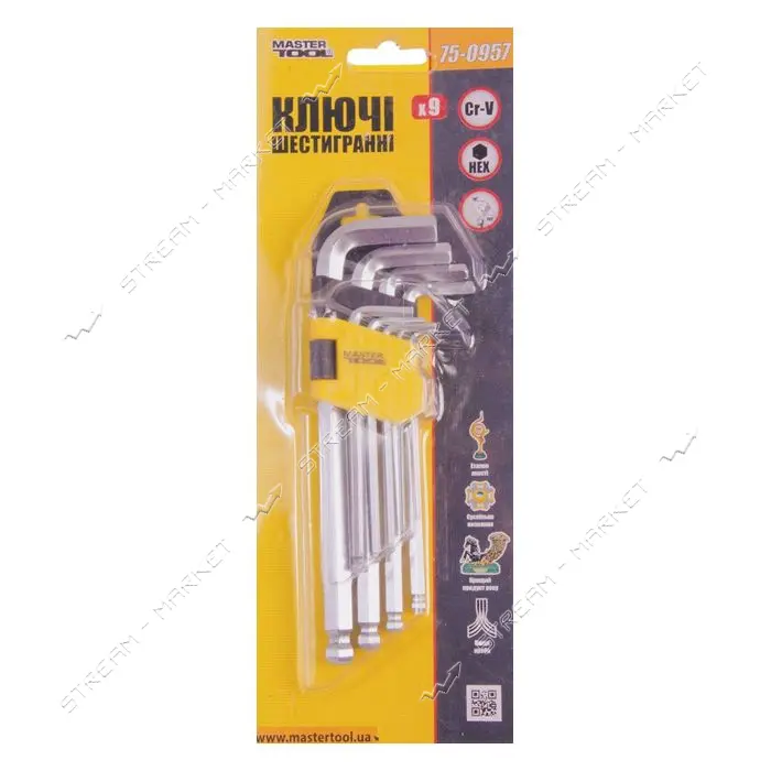 Ключи шестигранные Mastertool 75-0957 CrV с шарообразным наконечником 1.5-10мм L74-172мм 9шт        