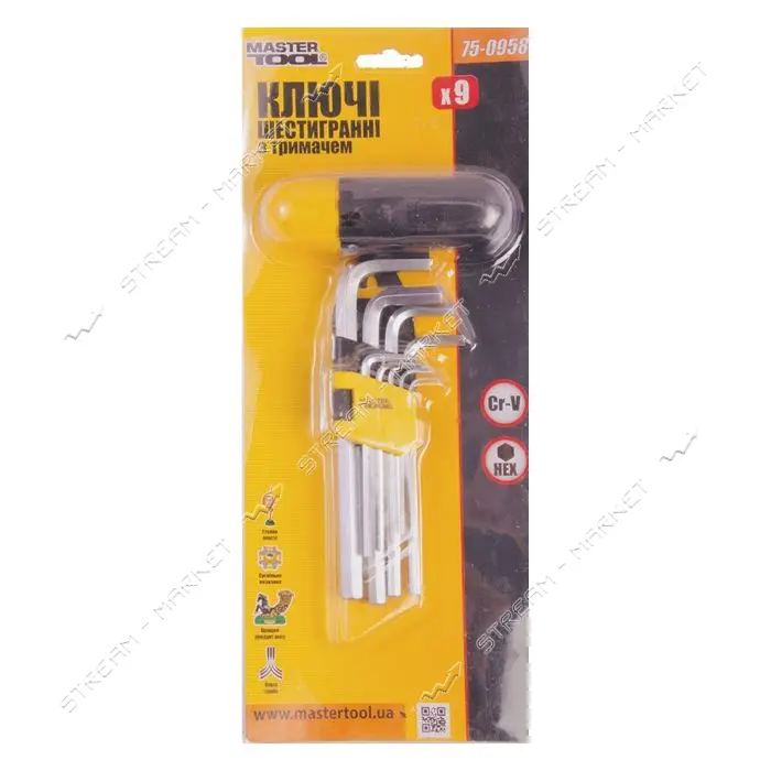 Ключи шестигранные Mastertool 75-0958 CrV удлиненные с держателем 1.5-10мм L74-172мм 9шт