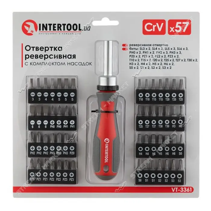 Отвертка реверсионная с комплектом насадок Intertool VT-3361 57шт
