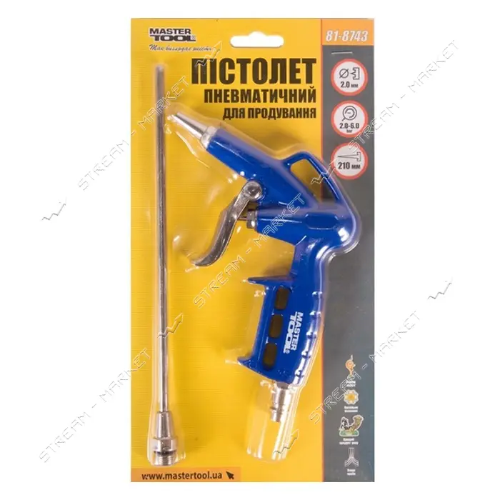 Пневмопистолет продувочный Master-Tool 81-8743 d2мм 2-6бар носик 210мм                              