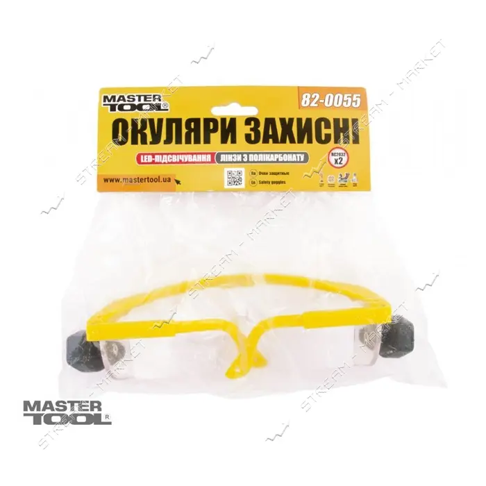 Очки защитные открытые Master-Tool 82-0055 Комфорт прозрачные LED-подсветка с регулируемыми дужками 