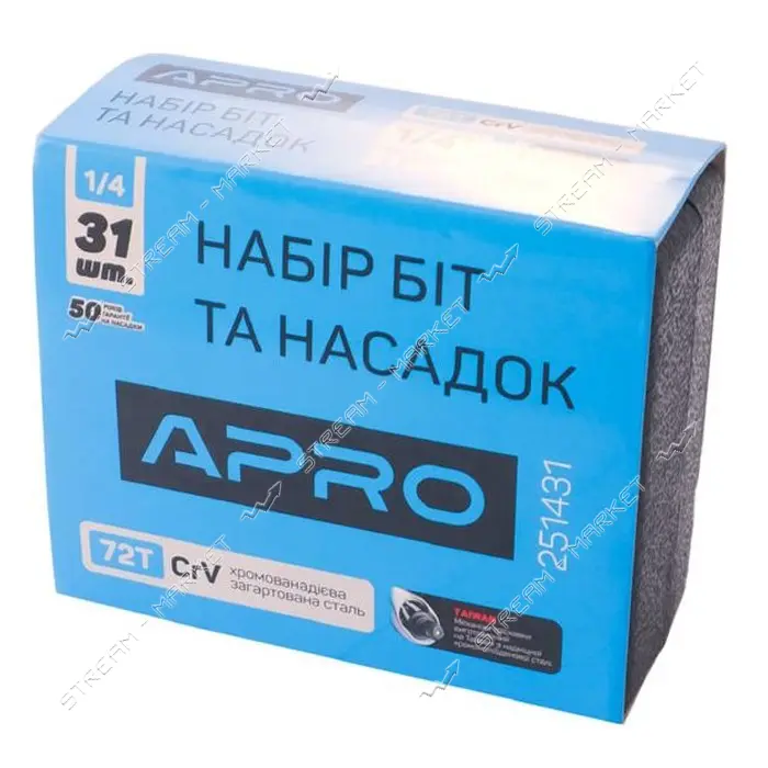 Набор насадок и бит Apro 251431 72T CrV 1/4" 31шт                                                   