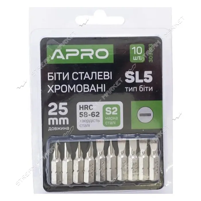 Бита Apro 309123 SL5x25мм 10шт хром
