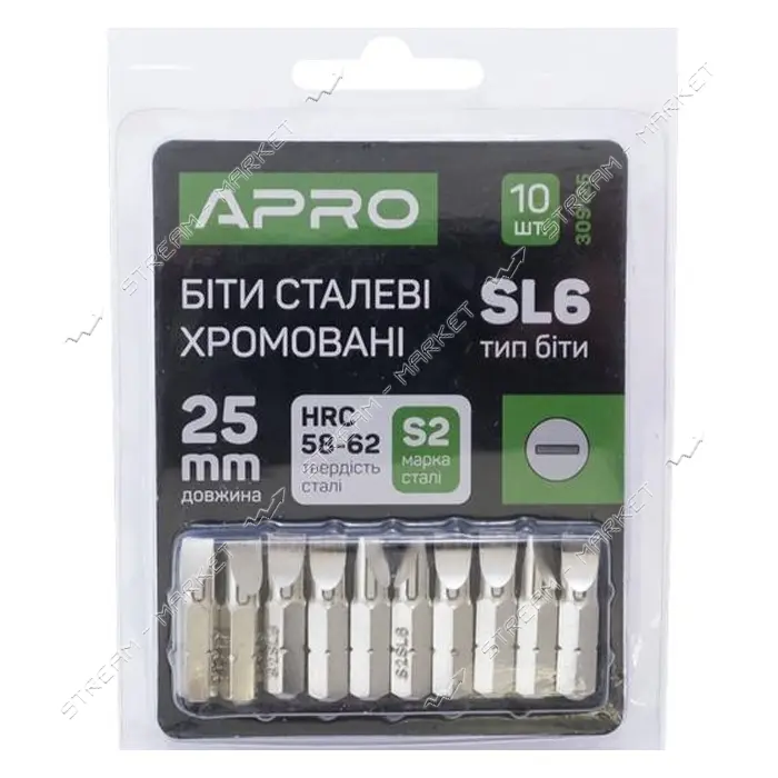 Бита Apro 309125 SL6x25мм 10шт хром