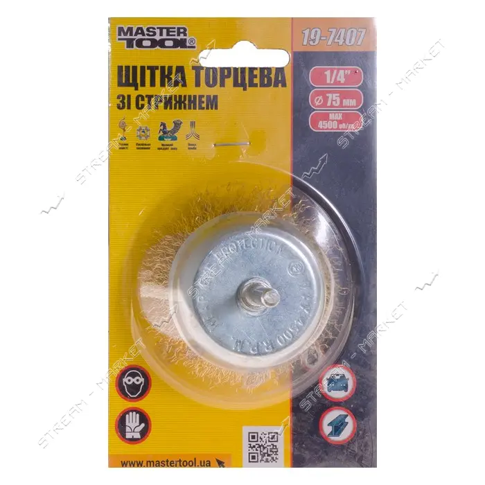 Щетка торцевая из латунированной рифленой проволоки Mastertool 19-7407 d75мм со стержнем 1/4"