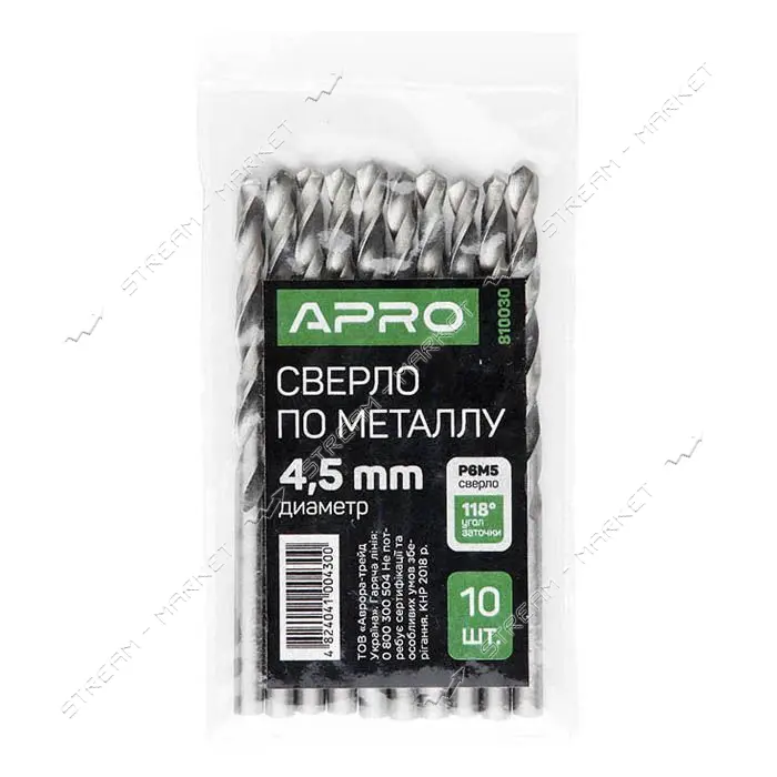 Сверло по металлу Apro 810030 Р6М5 4.5мм                                                            