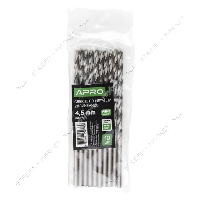 Сверло по металлу Apro 812008 Р6М5 удлиненное 4.5мм