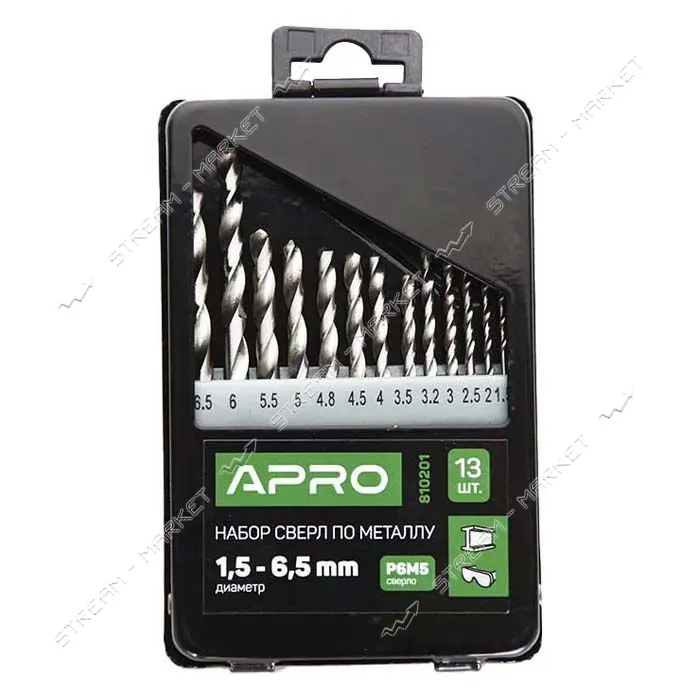 Набор сверл по металлу Apro 810201 Р6М5 1.5-6.5 мм 13 шт                                            