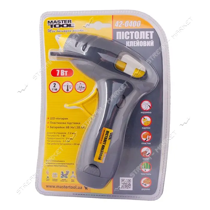 Пистолет клеевой на батарейках Master-Tool 42-0400 d7.2мм DC6V 1.5x4шт AA