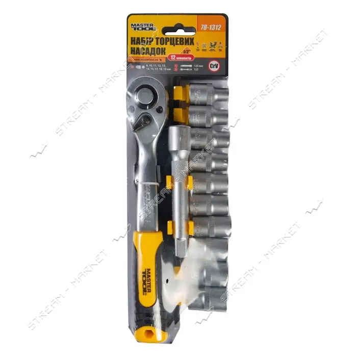 Набор насадок торцевых Master-Tool 78-1312 CRV 1/2" 8-19мм удлинитель 125мм трещотка 72Т 12шт