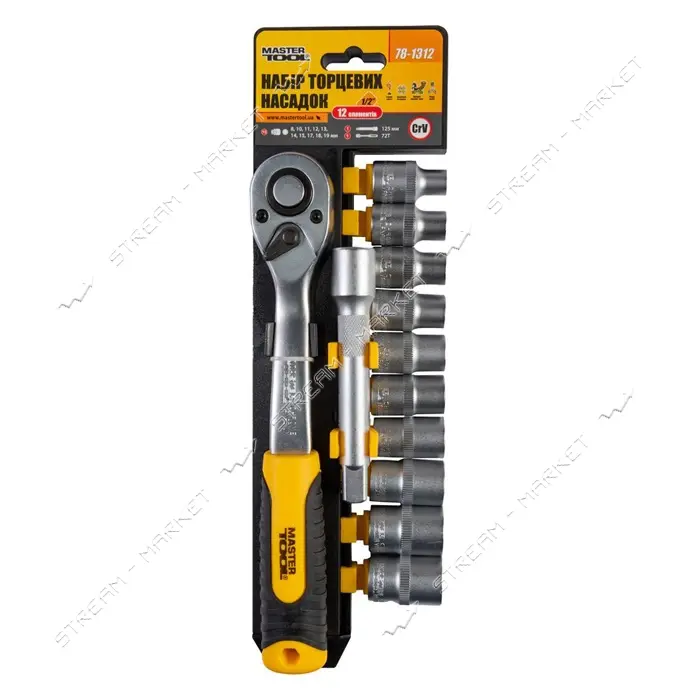 Набор насадок торцевых Master-Tool 78-1312 CRV 1/2" 8-19мм удлинитель 125мм трещотка 72Т 12шт