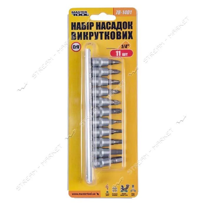 Набор насадок отверточных Master-Tool 78-1401 CRV 1/4" PH1 2 3 PZ1 2 3 H3 4 5 6 7 11шт