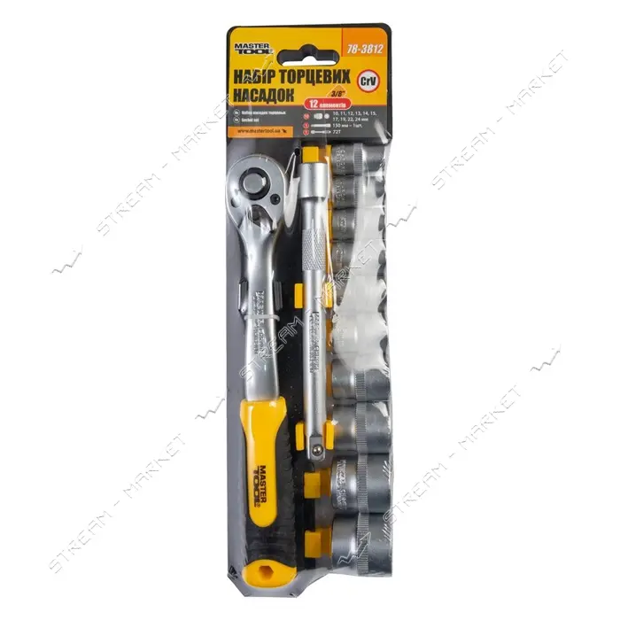 Набор насадок торцевых Master-Tool 78-3812 CrV 3/8" 10-24мм удлинитель 150мм трещотка 72Т 12шт