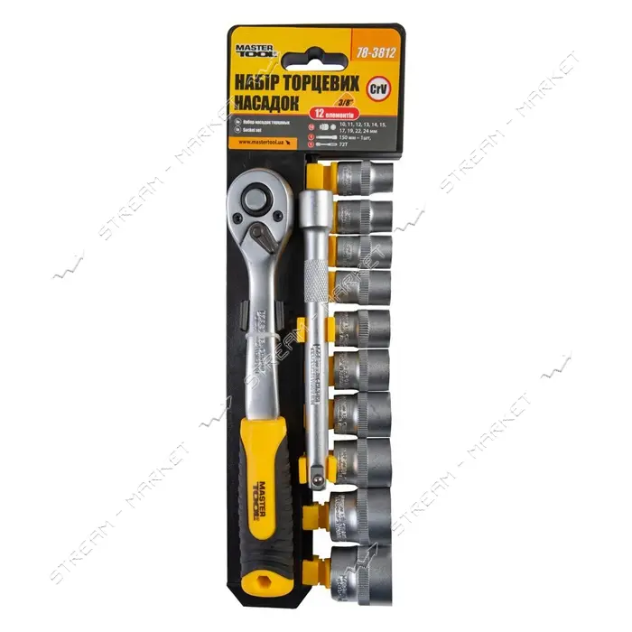 Набор насадок торцевых Master-Tool 78-3812 CrV 3/8" 10-24мм удлинитель 150мм трещотка 72Т 12шт