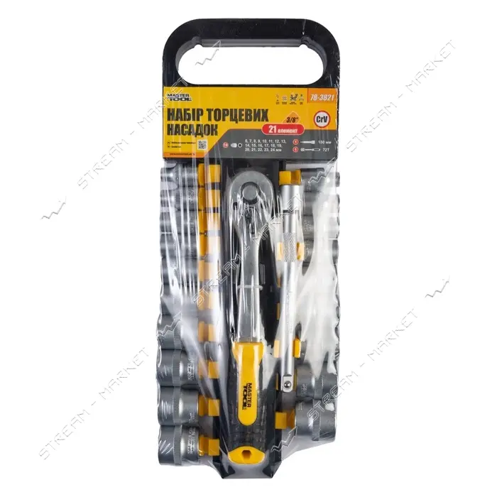 Набор насадок торцевых Master-Tool 78-3821 CRV 3/8" 6-24мм удлинитель 150мм трещотка 72Т 21шт       