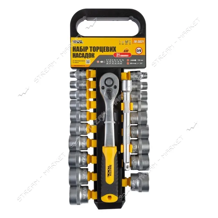 Набор насадок торцевых Master-Tool 78-3821 CRV 3/8" 6-24мм удлинитель 150мм трещотка 72Т 21шт       