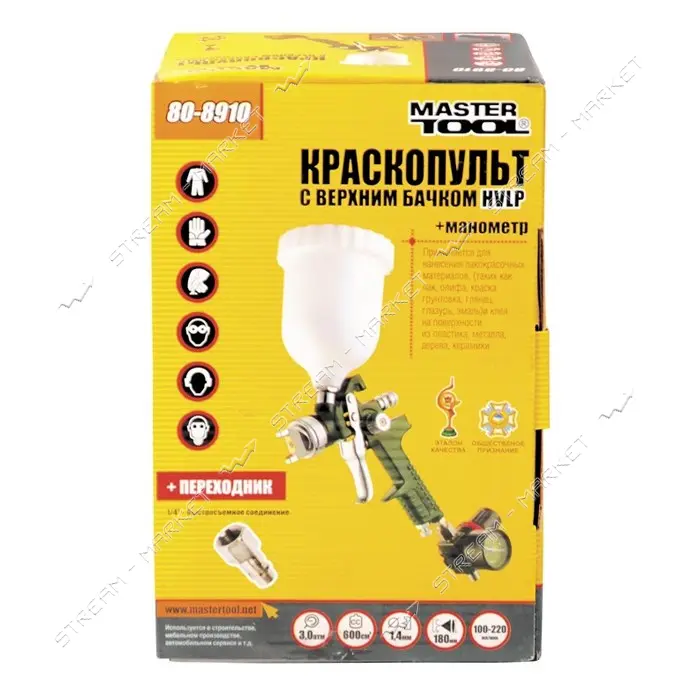 Краскопульт Master-Tool 80-8910 HVLP ВБ 600мл пластик d1.4мм 150-220л/мин 3-4 бар с маномет.